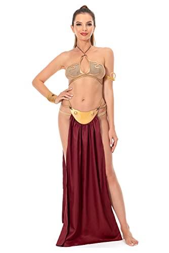Xikaufo Adult Princess Slave Outfit Bikini Carnival Cosplay Costume Dress Gold Bra Halloween Party Costume Outfits for Women(S)