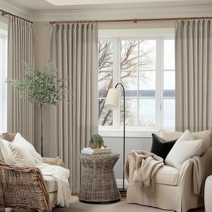 Extra Wide Curtains 60 Inch Width 84 Inches Long for Living Room Bedroom Light Filtering Semi Sheer Farmhouse Pleated Curtain Hooks Rings for Patio Sliding Door Large Window Burlywood Taupe 1 Panel