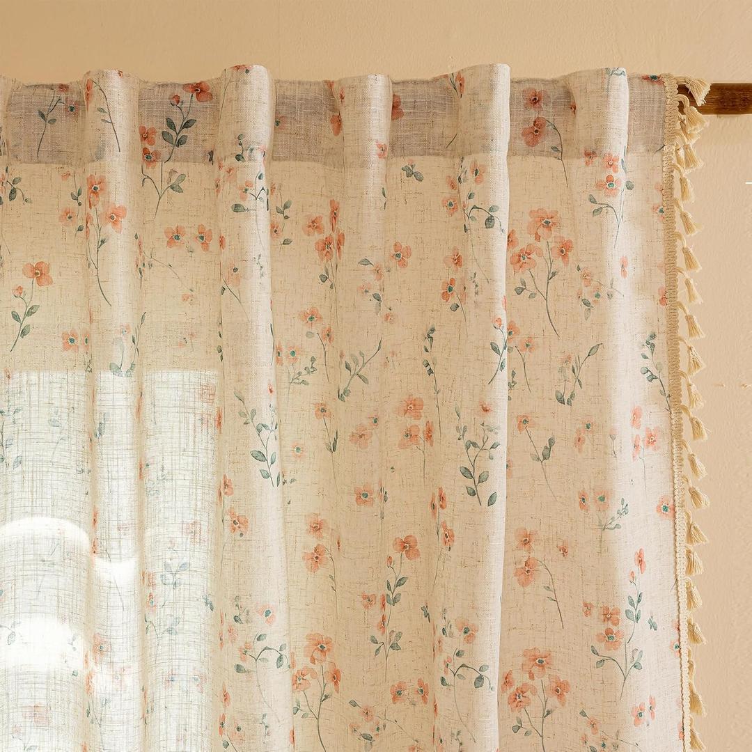 MYSKY HOME Boho Linen Floral Curtains 63 inch Long for Girls Bedroom Vintage Farmhouse Pink Printed Semi Sheer Light Filtering Back Tab Rod Pocket Drapes with Tassels, Each Panel 50" W, 2 Pcs, Pink