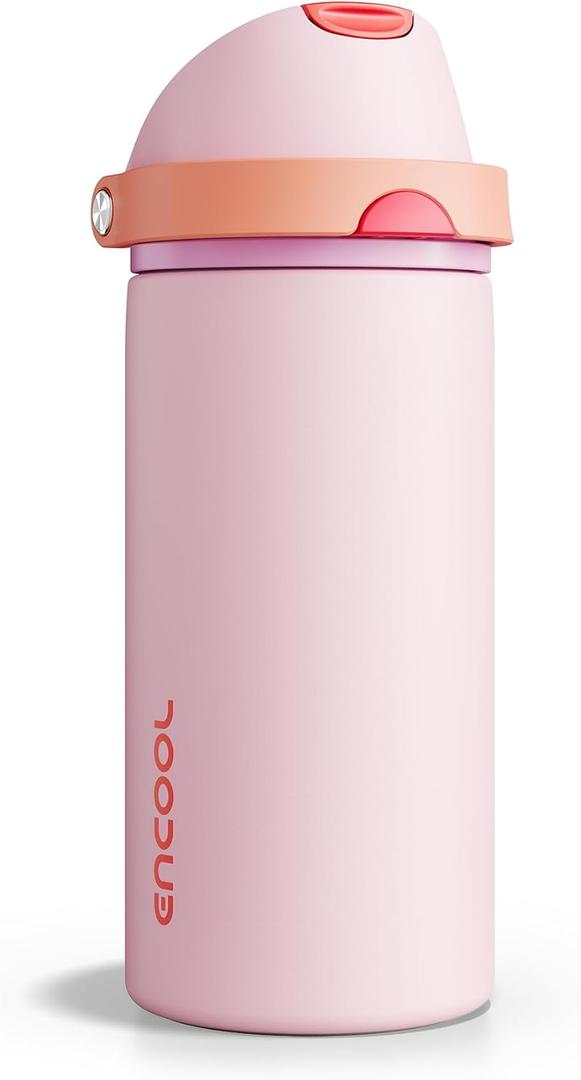 Insulated Water Bottle with Straw - Encool Stainless Steel Water Bottle with Push Button Lid, Leak-Proof & BPA-Free, Keeps Cold for 24 Hours for Sports, Travel, Gym (18 oz, Lily-Red)