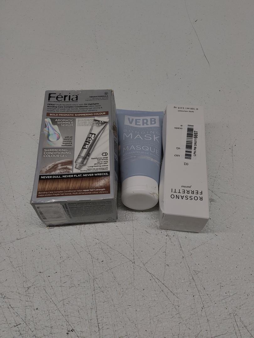 1. VERB Bonding Mask. 2. L'Oreal Paris Feria Multi-Faceted Shimmering Permanent Hair Color. 3. Rossano Ferretti Parma Grandioso Volumizing Spray.