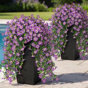 VIERENA 4 Bundles Artificial Hanging Morning Glory Flowers for Outdoor, Realistic Hanging Flowers Silk Fake Morning Glory with Faux Eucalyptus for Yard Garden Porch Patio Balcony Home Decor (Purple)