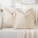 MIULEE Pack of 2 Khaki Pillow Covers 22x22 Inch Striped Farmhouse Couch Throw Pillow Covers with Fringe Chic Linen Decorative Cushion Covers for Sofa Living Room Bed Outdoor Home Decor