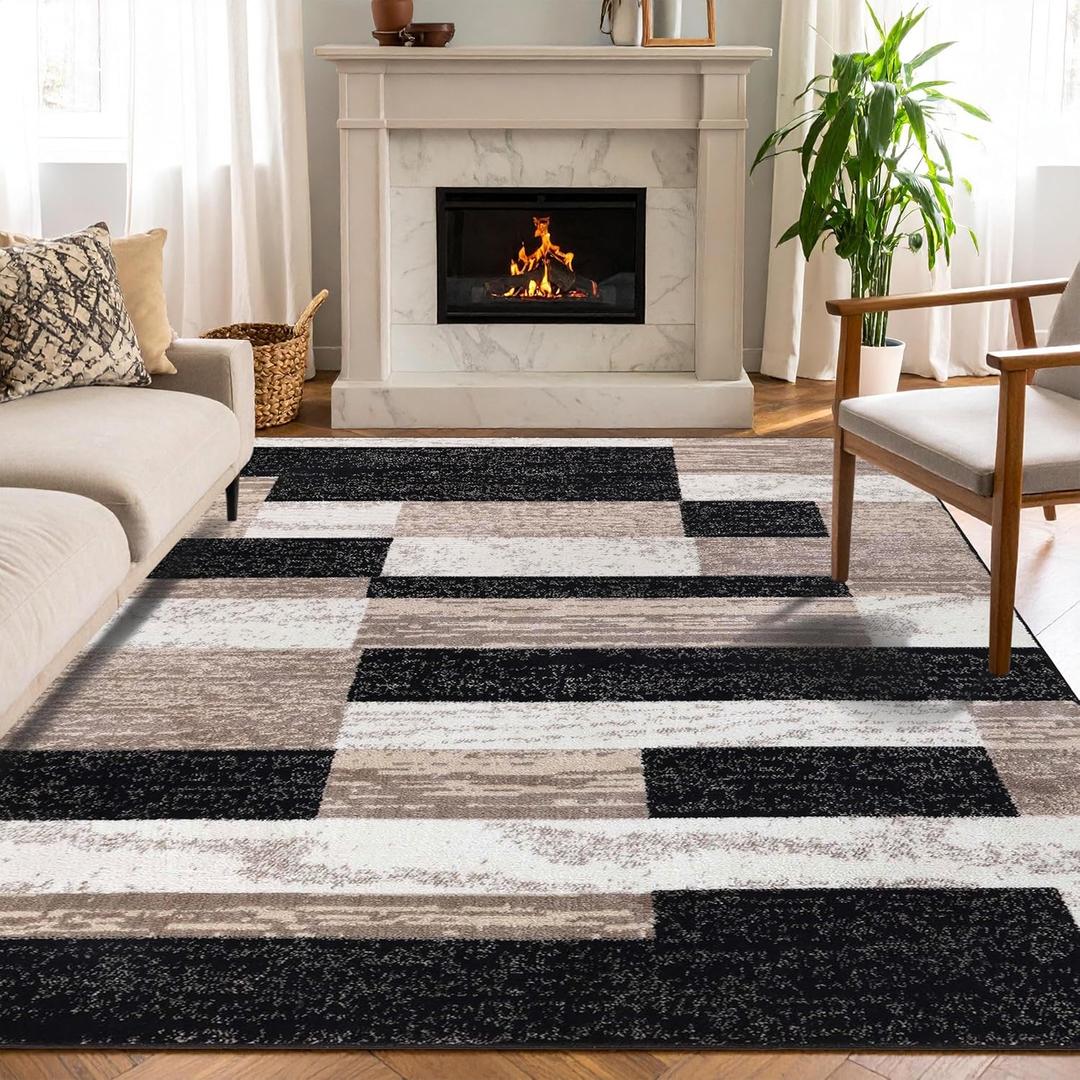 Superior Indoor Area Rug, Jute Backed, Modern Geometric Patchwork Floor Decor for Bedroom, Office, Living Room, Entryway, Kitchen, Hardwood Floors, Rockwood Collection, 6' x 9', Ivory-Beige