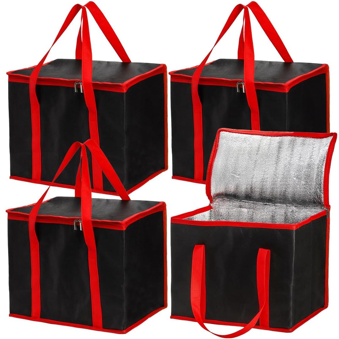 4 Pack Reusable Grocery Shopping Bags, X-Large Food Tote Bag with Handle, Collapsible Pizza Delivery Bags with Zippered Top and Baseboard for Kitchen, Camping, Clothes, Picnic, Travel