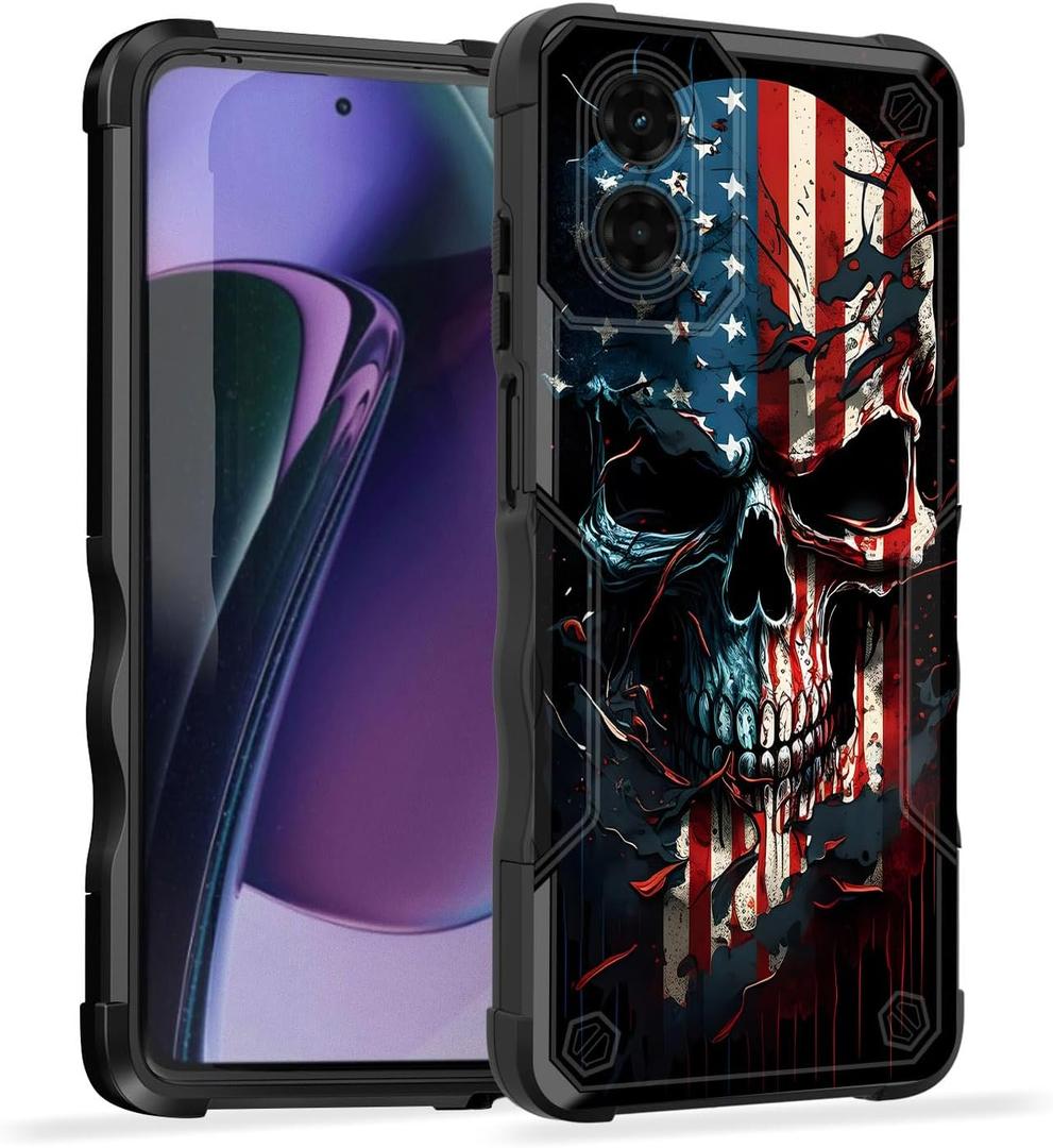 For Moto G Play 4G 2024 Case,[Dual Layer][10 FT Military Grade Drop Protection] [Non-Slip] Heavy Duty Shockproof Case for Motorola Moto G Play 4G 2024 6.5",Skull American Flag