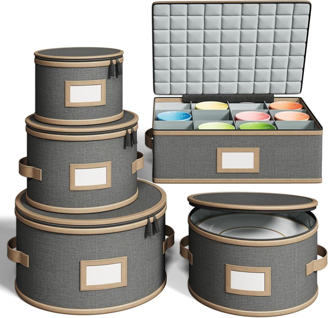 Hard Shell China Storage Containers – 5 Piece Set for Storing Dinner Plates, Salad Plates, Mugs, Quilted Dividers for Safe Moving and Seasonal Storage, Grey with Brown Edging