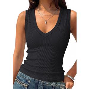 Prettywear Deep V Neck Tank Tops for Women 2026 Summer Fashion Clothes Sexy Casual Ribbed Fitted Sleeveless Going Out Tops (Black, M)