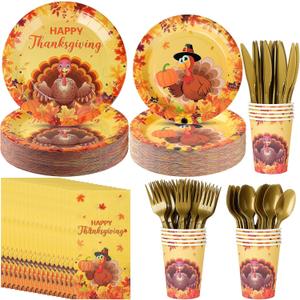 Thanksgiving Plates and Napkins Set, Disposable Fall Party Supplies,Autumn Pumpkin Maple Leaves Turkey Dinnerware Plates Napkins Cups Forks Knives Spoon for Give Thanks Party Decorations, Serve 50