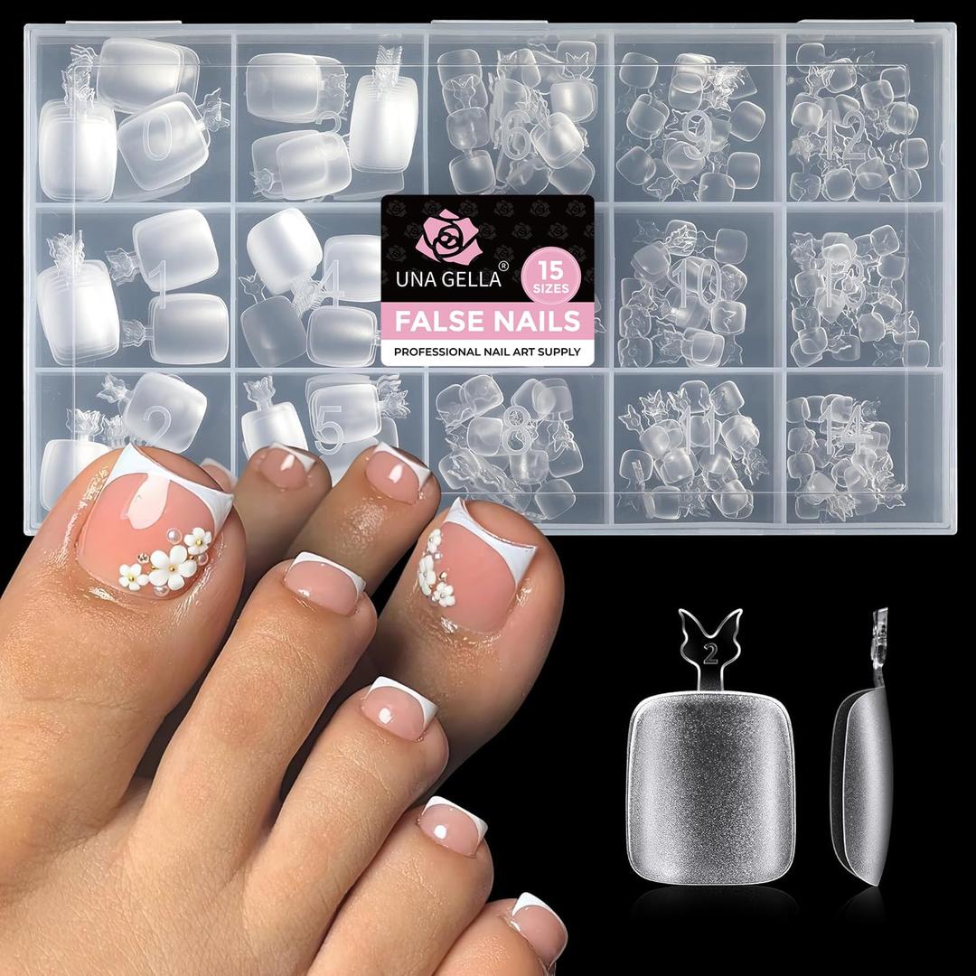 UNA GELLA Toe Nail Tips 312 Pcs Square Round Full Cover Fake Toe Nails Press On Clear 15 Sizes Preshape Soft Gel Toe Nail Tips Double Matte Acrylic Toenails for Nail Extensions DIY Home Nail Salon