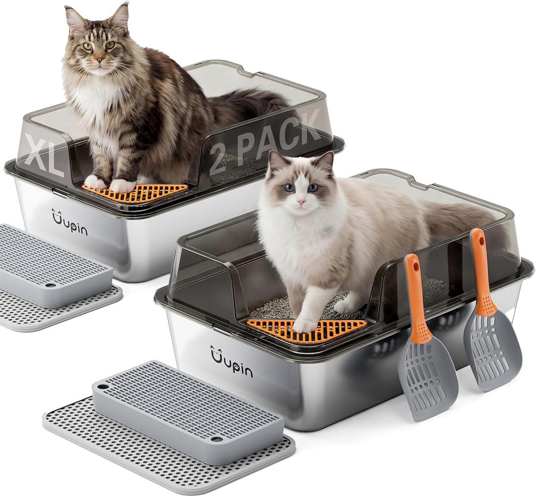 2 Pack Stainless Steel Litter Box - XL Extra Large Metal Cat Litter Box with Scoop & Pedal for Big Cats and Multi-Cats, Angled Entrance Design, Anti-Urine Leakage, Non-Stick Bottom