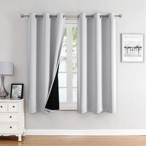 ChrisDowa 100% Blackout Curtains for Bedroom with Black Liner, 2 Thick Layers Total Blackout Thermal Insulated Grommet Window Curtains 2 Panels Set (Greyish White, 42 x 63 Inch)