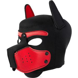 Neoprene Puppy Face Muzzle Dog Removable Full Head Hood Mask With Ears (Red, One Size)