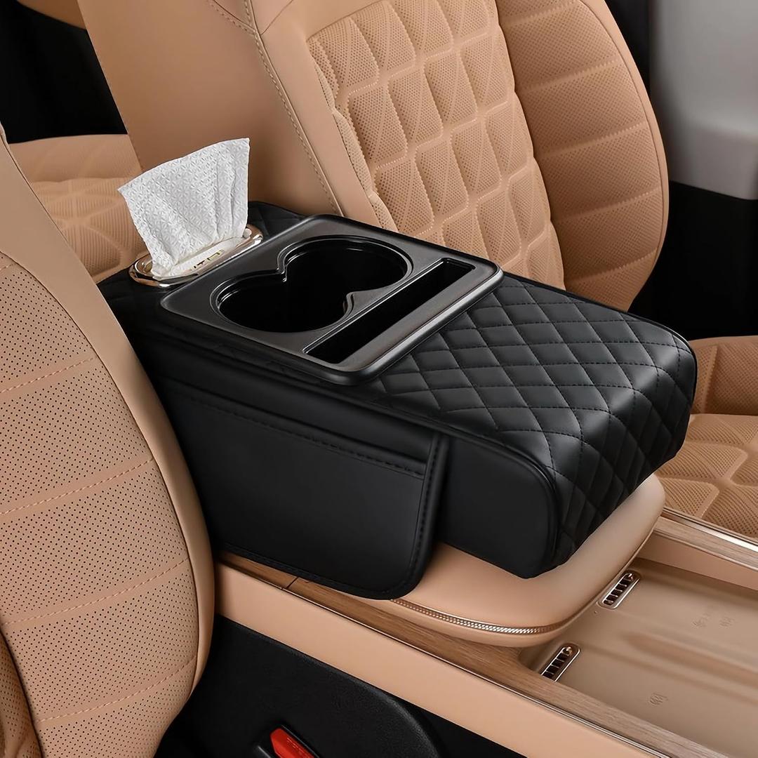 FREESOO Car Center Console Cover, Leather Armrest Cover for Car, Universal Middle Console Cushion with Storage Box, Cup Holder, Tissue Box & Phone Slot, Luxury Waterproof Interior Accessories, Black