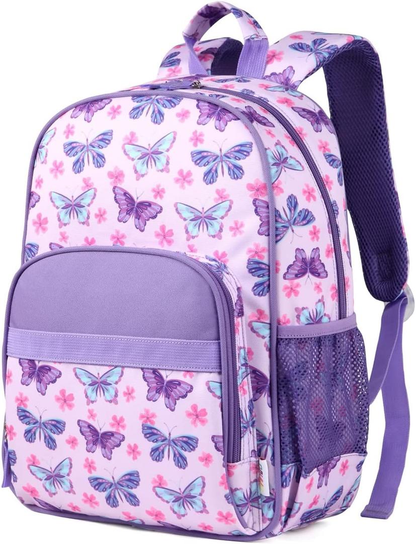 RAVUO Kids Backpack for Girls 5-8,Lightweight Toddler Backpack for Preschool Kindergarten,15.6 inch Elementary School Bookbag with Chest Strap-Butterfly