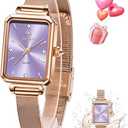 Taxau Analog Waterproof Rectangular Rose Gold Wrist Watch for Women Purple Dial Mesh Bracelet Elegant Watch Exquisite Stainless Steel Ladies Small Dress Watches