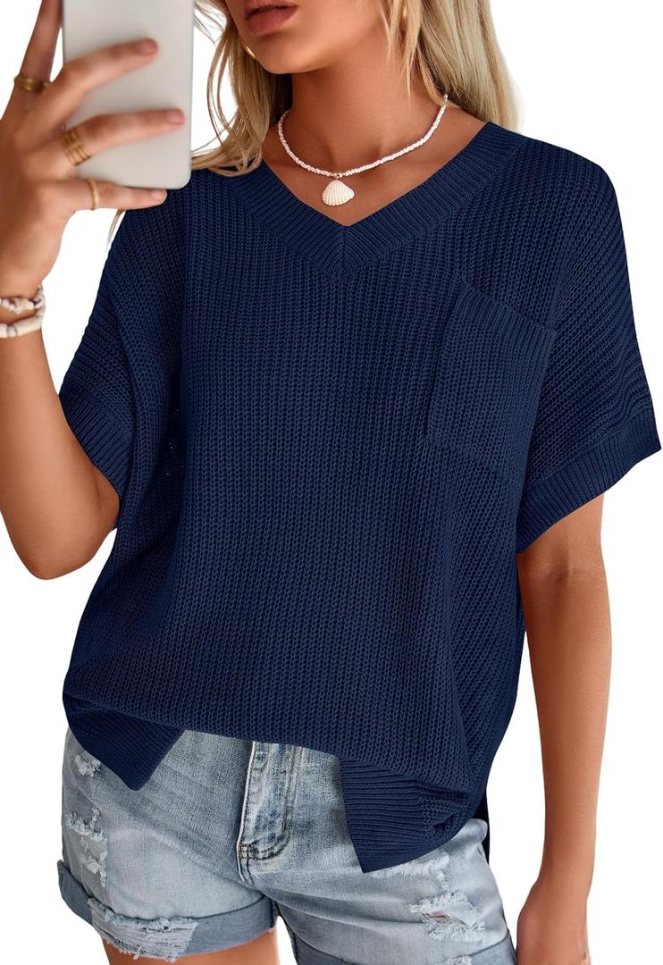 PRETTYGARDEN Women's 2026 Spring Short Sleeve Sweaters Lightweight V Neck Casual Going Out Summer Tops Beach Vacation Clothes (S)