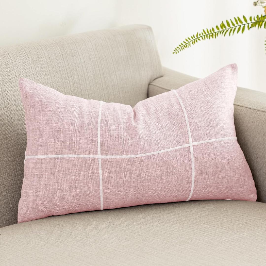 vctops Rustic Lattice Cotton Linen Decorative Throw Pillow Cover Embroidery Lumbar Cushion Cover Pillowcase for Sofa Bedroom Couch (Plaid Pink, 12"x20")