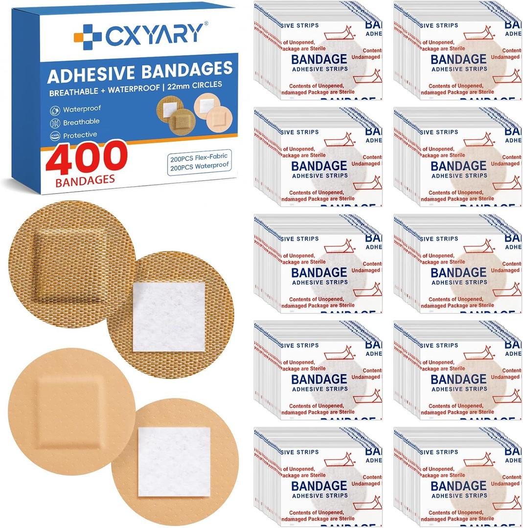 CXYARY 400PCS Round Bandages, Fabric Bandage  Waterproof Bandage Latex Free Used for Emergency Treatment and Skin Wound Care, Circle Bandages Suitable for Small Wounds