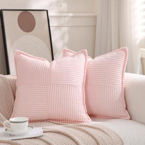 Puncuntex Corduroy Light Pink Throw Pillow Covers Set of 2 Boho Decorative 1818 Inch,Super Soft Pillowcase Cozy Striped Texture Cushion Cover for Couch,Sofa,Farmhouse,Living Room (18" x 18" (Pack of 2))