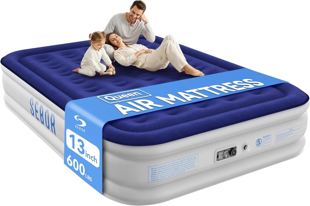 Sebor Air Mattress Queen with Built-in Pump 13", Comfortable Self-Inflating Blow up Mattress with High-Speed Pump, Durable Queen Size Air Mattress with Storage Bag for Guests, Moving, Camping, Travel