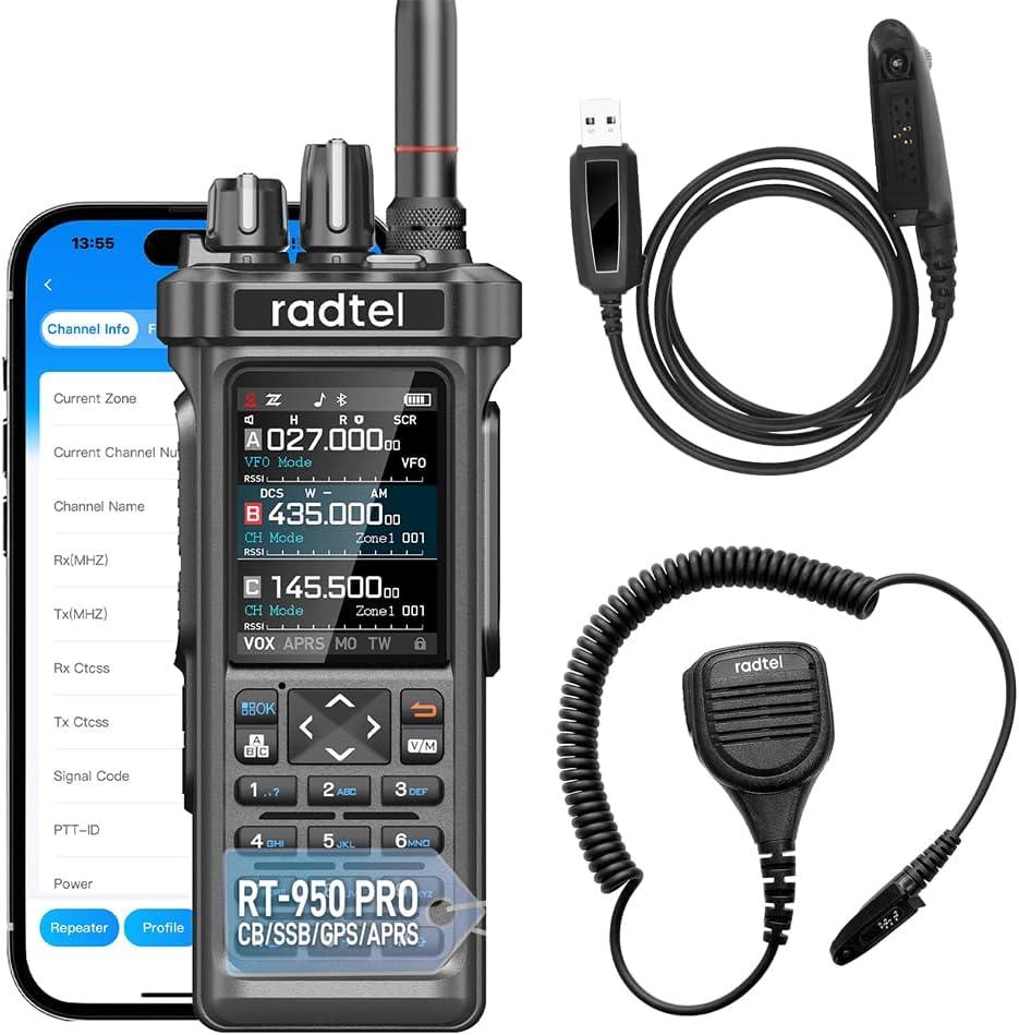 Radtel RT-950 PRO Ham Radio 27Mhz TX GPS/APRS, 10W Walkie Talkie Long Range Handheld Two Way Radio, AM/FM/CB/SW/MW/LW RX, Bluetooth APP Programming, NOAA (with Programming Cable，Microphone)