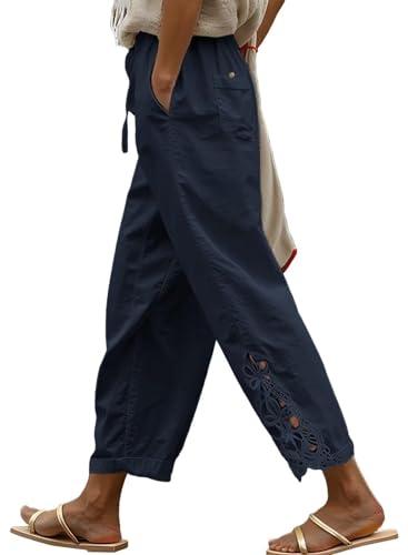 Jokeluck Women Casual Lightweight Drawstring Elastic Waist Cropped Linen Pants Fall Spring Slacks Capri Pants Trendy Fashion 2025 Beach Trousers with Pockets Blue X-Large