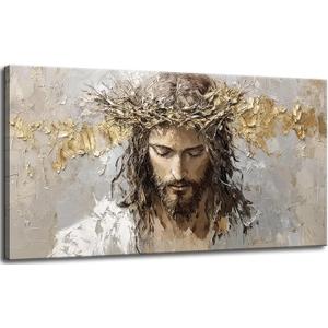 Large Jesus Portrait Canvas Wall Art Abstract Gold Thorns Jesus Painting Decor Pictures Beige Gray Christian God Posters Prints for Dining Living Prayer Room Kitchen Church Wall Bedroom Decoration (40"L x 20"W)
