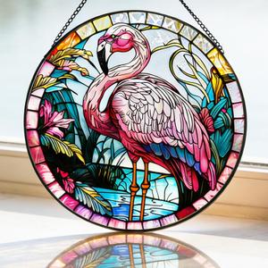 7.87'' Flamingo Suncatcher Stained Glass Window Hanging Summer Bird Sun Catcher Decorations Kitchen Home Wall for Girls Women Flamingos Lovers Gifts Housewarming Valentines Day