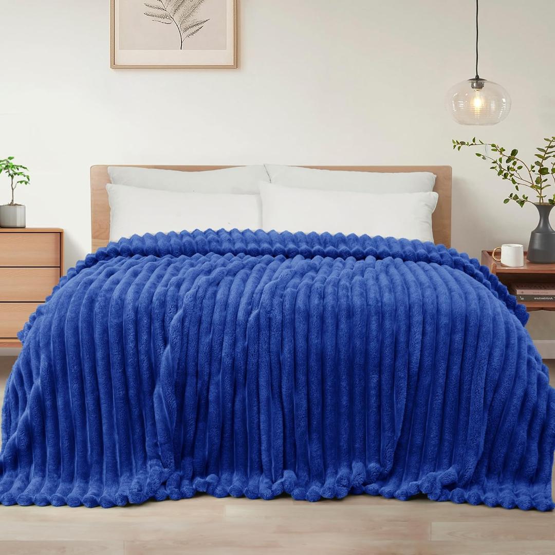 Exclusivo Mezcla Queen Size Flannel Fleece Blanket, Super Soft Striped Jacquard Bed Blanket, Lightweight Fuzzy Cozy for All Seasons, 90x90 Inches, Cobalt Blue