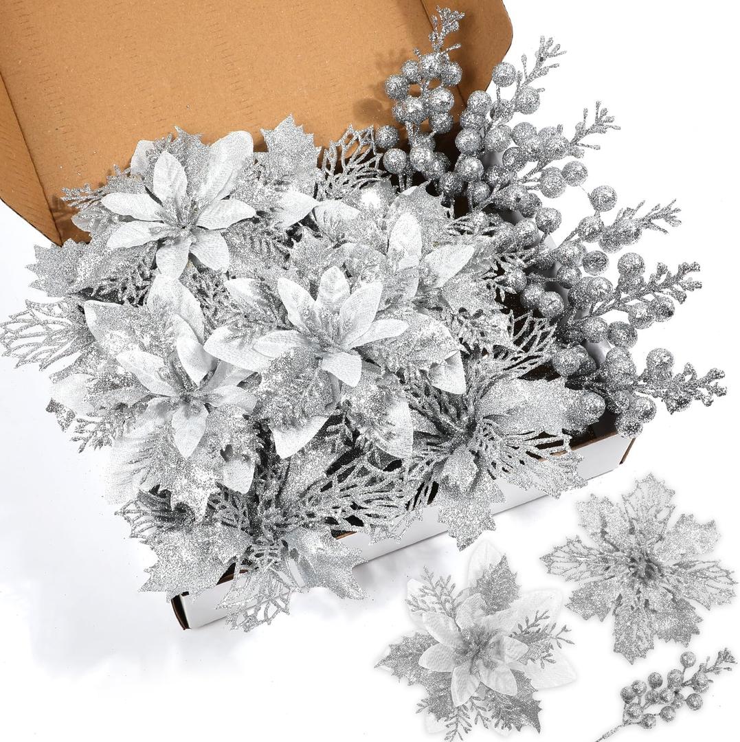 Sawowkuya 22 Pcs Silver Christmas Poinsettia Artificial Flowers and Glitter Berries Stems Kit, Christmas Poinsettias Decorations and Christmas Tree Ornaments for Xmas Home Wedding Holiday Tree Decor
