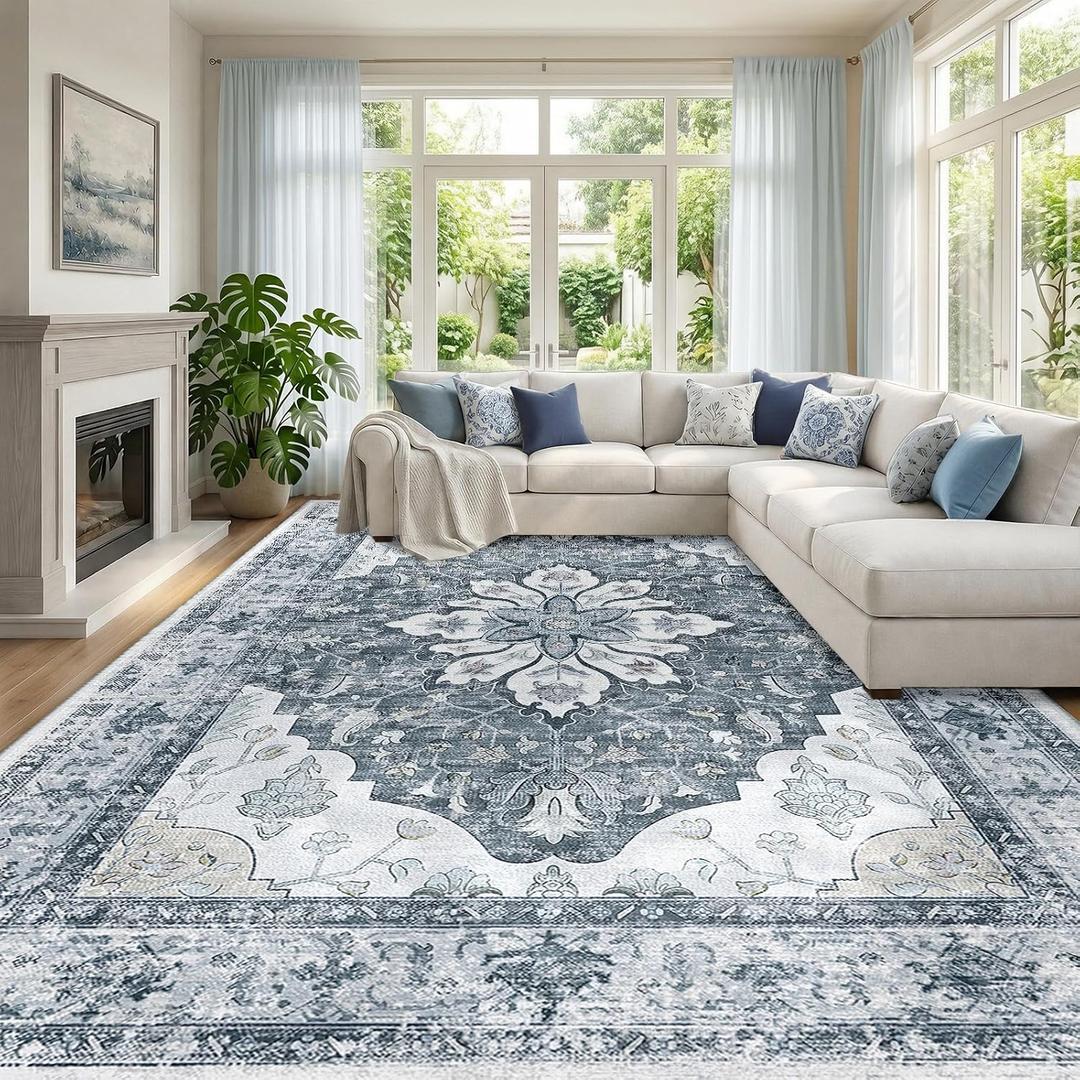 RELEANY Washable Area Rug, Large 9'x12', Grey/White/Beige