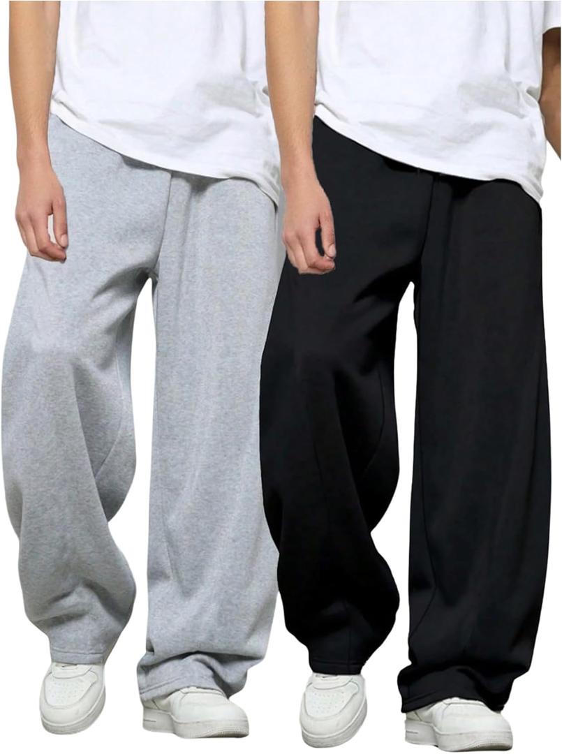 GORGLITTER Boy's Baggy Sweatpants 2 Piece Wide Leg Elastic Waist Jogger Sweat Pants with Pockets (Black and Grey, 12 Yrs)