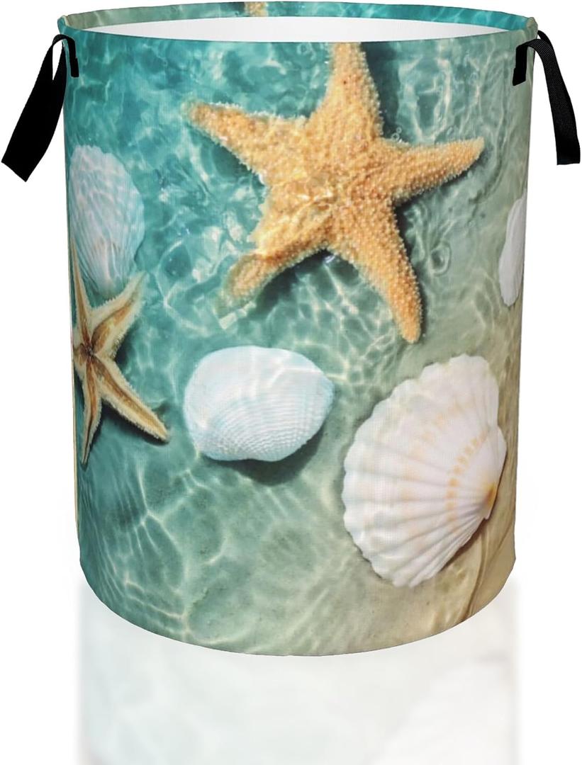 Starfish and Seashell on Beach Laundry Basket,Waterproof Foldable Laundry Hamper,Dirty Clothes Laundry Basket, Linen Bin Storage Organizer for Toy Collection 16" x 20"