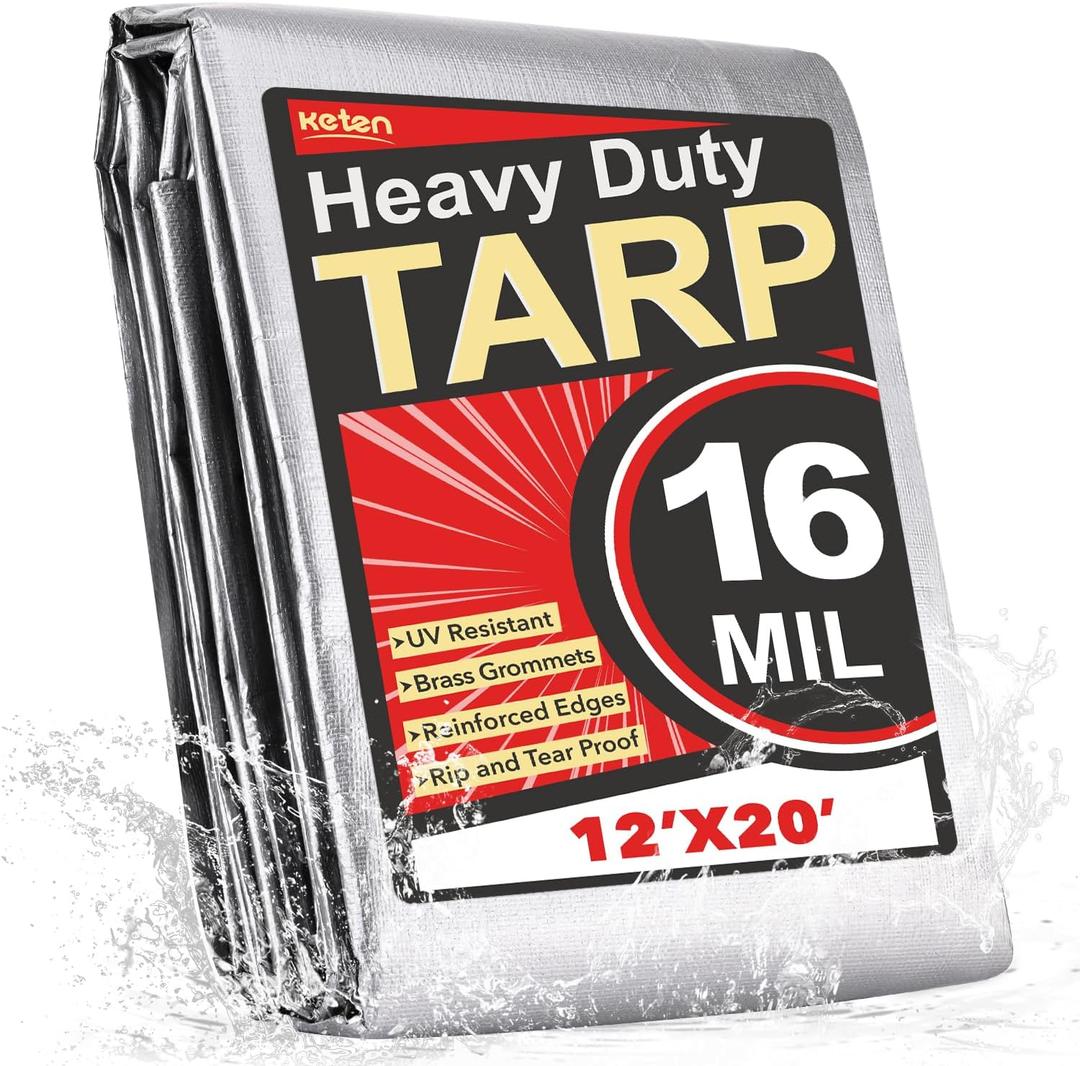 Keten Tarps Heavy Duty Waterproof 12X20 Feet, Extra Thick 16 Mil, Tear & Fade Resistant, 100% UV Blocking, Outdoor Tarp with Reinforced Grommets for Roof, Camping, Patio, Pool, Boat(Silver/Black)