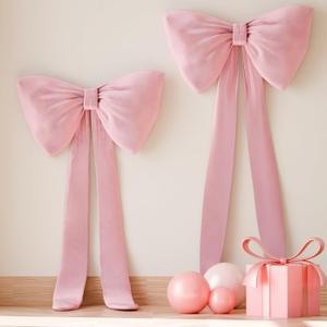 Pink Bows Birthday Decorations, 13''10'' Large Bows for Party Decorations Wedding Backdrop Coquette Decorations, Bows for Wall Decor Baby Shower Backdrop Door Hangings Christmas Tree Bows, 2 Packs