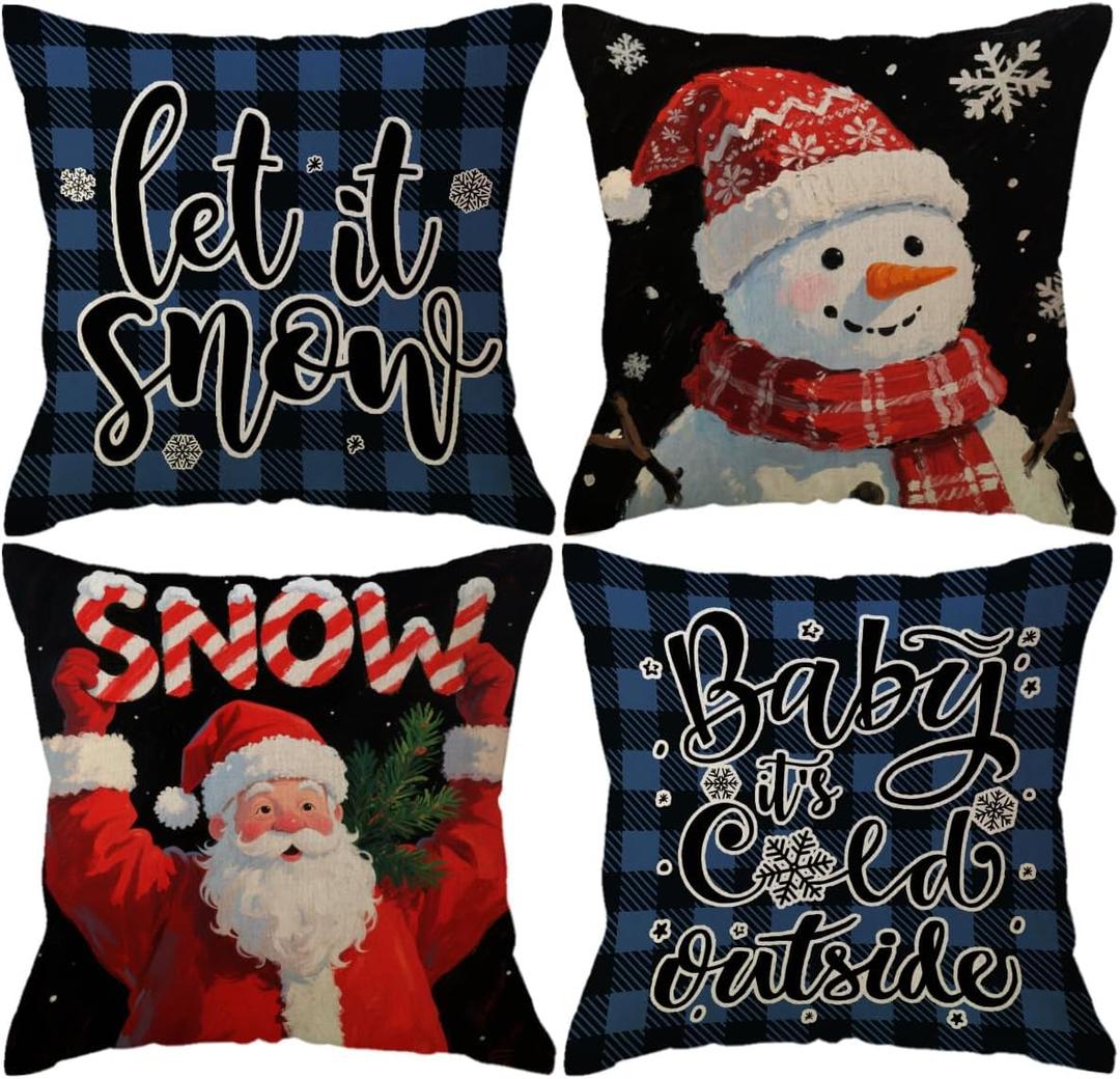 4pack Winter Snow Throw Pillow Case Buffalo Check Plaid with Snowman Santa Cushion Covers Christmas Winter Holiday Farmhouse Decorative Pillowcases 18 x 18 Inches for Sofa Couch (Blue)