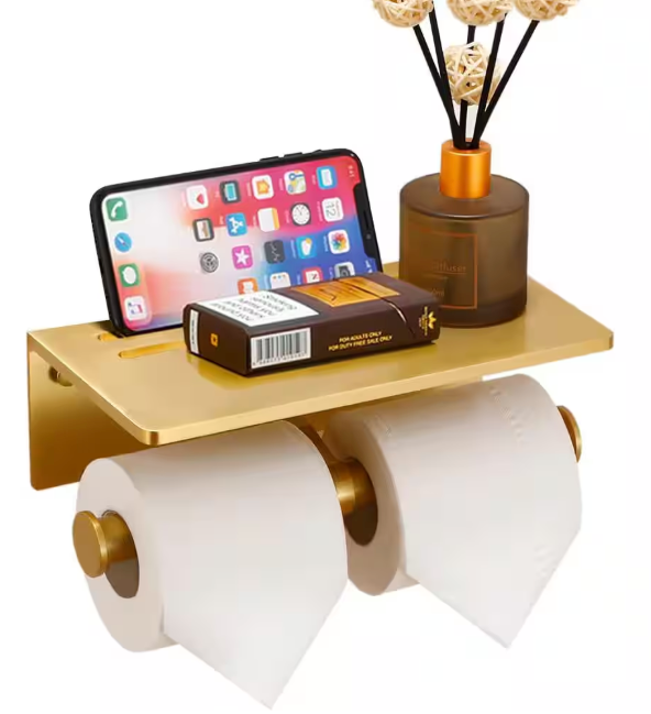 Alise Double Toilet Paper Holder,Bathroom Tissue Holder with Shelf,SUS304 Stainless Steel Toilet Paper Roll Holder Storage Dispenser,Self Adhesive or Wall Mount Drilling,Golden
