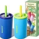 2 PACK Kids Double Walled Stainless Steel Cups with Straws and lids | 12 oz Spill-Proof Sippy Smoothie Tumbler Set, Small Kids Snack & Drink Water Cups, BPA-Free (Age: 3+ years old & up) (Blue)