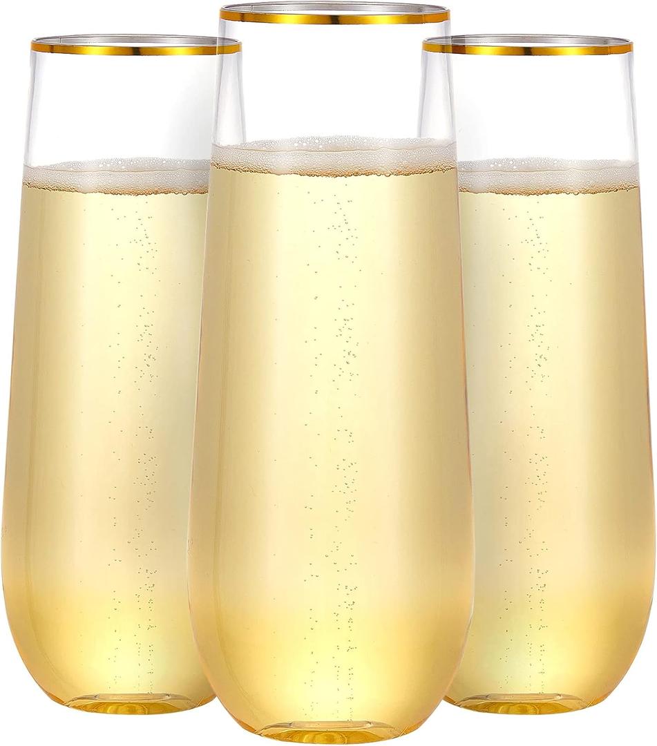 N9R 36PCS Plastic Champagne Flutes, 9 Oz Stemless Disposable Gold Rim Toasting Glasses, Crystal Clear Cocktail Cups Drinkware Shatterproof Ideal for Party Wedding Birthday