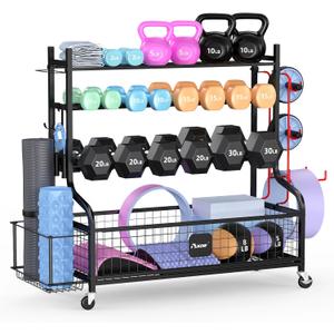 PLKOW Dumbbell Rack, Weight Rack for Dumbbells, Home Gym Storage for Dumbbells Kettlebells Yoga Mat and Balls, All in One Workout Storage with Wheels and Hooks, Powder Coated Finish Steel