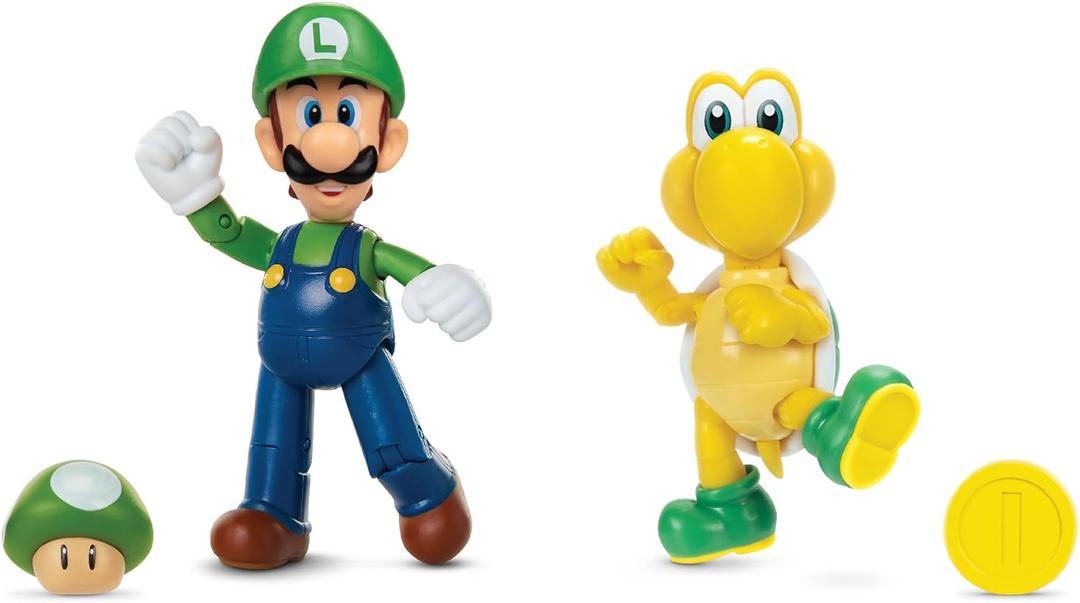 SUPER MARIO Luigi and Koopa Troopa 4-Inch Action Figure 2-Pack with 1-Up & Gold Coin Accessories, Action Figures Come with Up to 13 Points of Articulation
