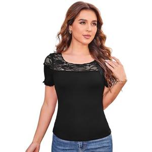 GRACE KARIN Womens Lace Going Out Tops Slim Fit Short Sleeve Blouse Summer Dressy T Shirts 2025 Fashion Clothes Trendy Outfit, 2XL