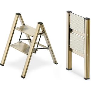 WOA WOA 2 Step Ladder, Foldable Step Stool, Aluminum Lightweight Ladder for Home Kitchen Closet, Anti-Slip Pedals, Ease of Folding, Portable, 300lbs Capacity - Gold