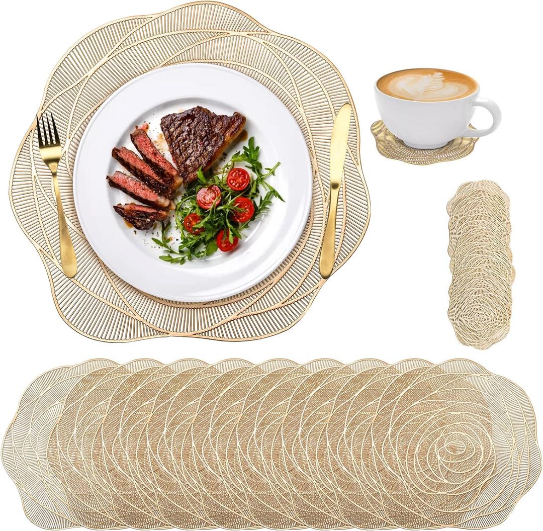 Lyellfe 20 Pack Gold Pressed Vinyl Placemats, 15 Inch Metallic Non-Slip Washable PVC Chargers Placemat, Including 10 Placemats and 10 Coasters for Dining Table, Wedding, Party, Rose Flower Shape Lyellfe 20 Pack Gold Pressed Vinyl Placemats, 15 Inch Metallic Non-Slip Washable PVC Chargers Placemat, Including 10 Placemats and 10 Coasters for Dining Table, Wedding, Party, Rose Flower Shape