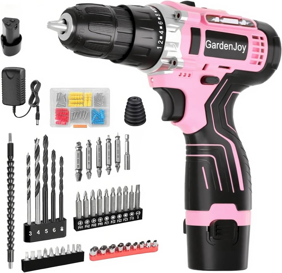 12V Pink Drill Driver Set, Women's Lightweight, 2 Batteries + Fast Charger, 2-Speed, 3/8" Keyless Chuck, 25 Torque Settings, LED for Metal/Wood DIY