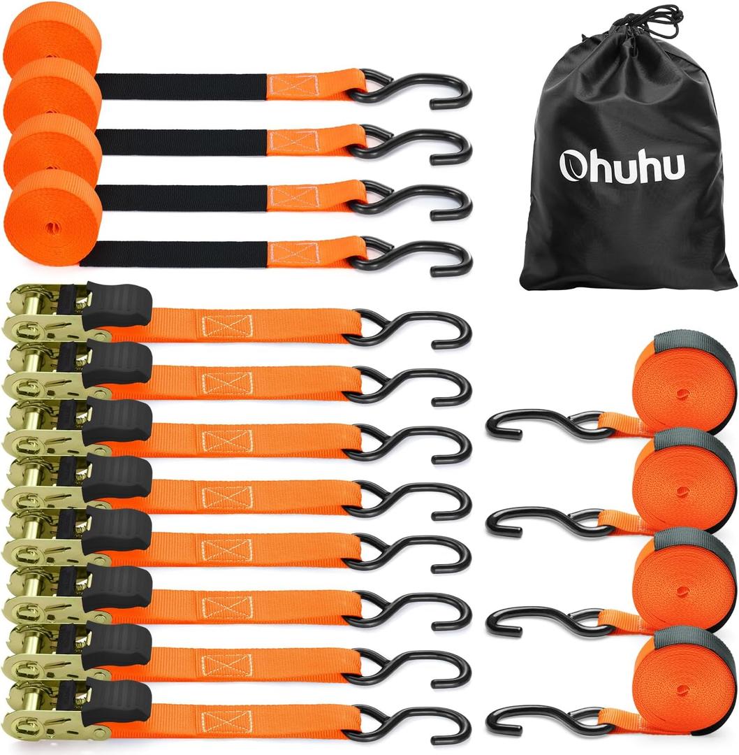 Ratchet Tie Down Strap 8-Pack 15 Ft - 500 lbs Load Cap with 1500 lbs Breaking Limit, Ohuhu Ratchet Tie Downs Logistic Cargo Straps for Moving Appliances, Motorcycle, Orange