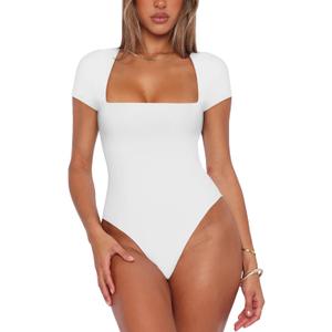 REORIA Womens Sexy Square Neck Double Lined Shirt Stretchy Basic Short Sleeve Going Out Thong Bodysuit Tops (Large, White)