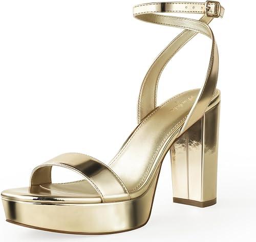 Ankis Platform Heels for Women 4 Inches Chunky Heels Sandals for Women Comfy Open Toe Block Heeled Sandals Nude White Silver Gold Black Ankle Strappy Heels, 8, Gold Pu