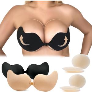 Sticky Bra Adhesive Bra Backless Reusable,Silicone Bra,Sticky Push-Up Bra & Water Proof Nipple Covers (Black and Beige)
